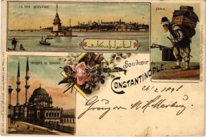 1898 (Vorläufer) Constantinople, Istanbul; La Tour Beleandre, Hamal, Mosquée de Tophané / tower, mosque, porter. Max Fruchtermann Editeur. Emil Pinkau Art Nouveau, floral, litho (r)