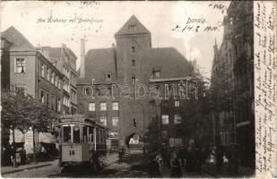 1905 Gdansk, Danzig; Am Krahntor mit Breitegasse / street view, city gate, tram, shops (EB)