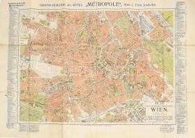 1909 Plan der k. k. Reichshaupt- und Residenzstadt Wien, Gratis-Ausgabe des Hotel ,,Métropole" / Bécs térképe, 1 : 15.000, hátoldalán reklámokkal, kis szakadásokkal, 50x70 cm