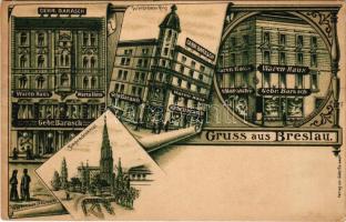 Wroclaw, Breslau; Gebr. Barasch Warenhaus Neumarkt, Warenhaus Ring, Warenhaus Ohlauerstrasse, Siegesdenkmal. Verlag von Gebrüder Barasch / advertisement for the Barasch stores. Art Nouveau, litho (r)