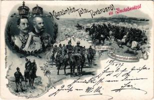 1897 Vorläufer) Köszöntés Tata-Tóvárosról és Budapestről! Az 1897. évi császári hadgyakorlatok emlékéül II. Vilmos császár és Ferenc József / Greeting from the k.u.k. military maneuvers. Franz Joseph and Wilhelm II. Koppe A.L. Art Nouveau, floral, litho (EB)