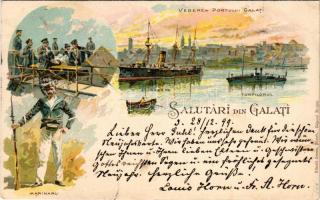 1899 (Vorläufer) Galati, Galatz; Vederea Portului Galati, "ELISABETA", Torpilorul, Marinaru / port, NMS "Elisabeta" Romanian Navy protected cruiser, torpedo boat, mariners. Künzli freres Art Nouveau, litho (fl)