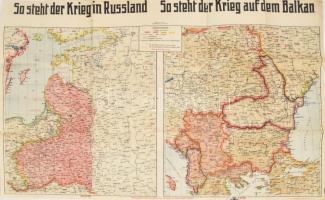 1916 Német I. világháborús térkép, a frontvonalak helyzete a különböző hadszíntereken 1916. márciusá...