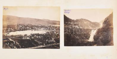 cca 1890-1900 Skandináv látképek és életképek a XIX. század végéről, 4 db fotó: Bergen látképe, Skjervsfossen és Voringsfossen vízesések, Ulvik látképe, fotók kartonon, foltos kartonnal, 16x21 cm, 14x18 cm, 13x18 cmx2/  cca 1890-1900 Scandinavian landscapes and images of life from the ent of the XIX. century, 4 pc.: view of city of Bergen, waterfall of Skjervsfossen és Voringsfossen, view of Ulvik, photo on boards, with spotty board, 16x21 cm, 14x18 cm, 13x18 cmx2