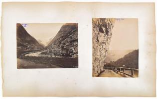cca 1890-1900 Skandináv látképek és életképek a XIX. század végéről, 4 db fotó: Buerdalen (Odda), utak és vízesés Odda közelében, Latefoss vízesés, fotók kartonon, foltos kartonnal, részben feliratozva, 16x21 cm, 14x18 cm, 13x18 cmx2/  cca 1890-1900 Scandinavian landscapes and images of life from the ent of the XIX. century, 4 pc.: Buerdalen (Odda), roads and waterfall near Odda, Latefoss waterfall, photo on boards, with spotty board, with notices, 18x14 cm.