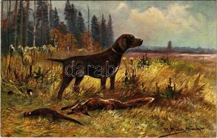 1914 Hunting art postcard, dog with prey. Marke "Egemes" Serie 83. s: M. Müller (EK)