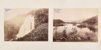 cca 1890-1900 Skandináv látképek és életképek a XIX. század végéről, 3 db fotó: Espelandfoss (Odda), táj Botnen és Haukedalen között (Telemark), norvég templom Telemark megyében, fotók kartonon, foltos kartonnal, feliratozva, az egyik fotó sarkán kis hiánnyal, 14x18 cmx3  cca 1890-1900 Scandinavian landscapes and images of life from the ent of the XIX. century, 3 pc.: Espelandfoss (Odda), the landscape between Botnen and Haukedalen (Telemark), Norwegian church in Telemark county, with spotty board, with notices, with a little lack in the corner of one of the photos, 18x14 cmx3.
