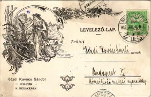 1913 Nagybecskerek, Zrenjanin, Veliki Beckerek; Kézdi Kovács Sándor drogériája reklámja. A tulajdonos levele Kézdi-Kovács László festőművésznek küldött görög teknősökről / pharmacy, drugstore advertisement. Art Nouveau, floral (fl)