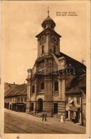 1917 Brassó, Kronstadt, Brasov; Római katolikus templom, Hackmüller üzlete. H. Zeidner kiadása / Röm. kath. Kirche / Catholic church, shop (EK)