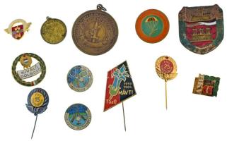 12db-os vegyes zománcozott és műgyantás jelvény, díjérem tétel, főleg szocialista jelvényekkel, közte "Ózd-Kiev Szőnyi Márton 1944 VIII 8 - Partizán út" műgyantás aranyozott fém jelvény T:XF-F közte zománchiba