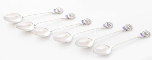 Ezüst(Ag) 6 db japán zománcfestésű olimpiai kanál, jelzett, h: 11,3 cm, bruttó: 77,7 g