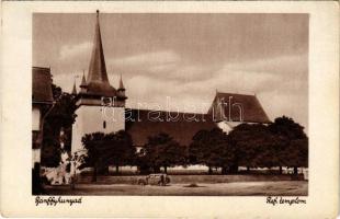 Bánffyhunyad, Huedin; Református templom / Calvinist church, automobile