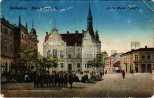 1916 Karánsebes, Caransebes; Piata Maria Teresia / Mária Terézia tér, piac, takarékpénztár / square, market, savings bank (EM)