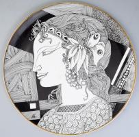 Szász Endre által tervezett Hollóházi jelzett porcelán tál, hibátlan, d:31 cm / Faces designed by Endre Szasz Hollohaza chinaware plate