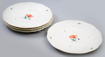 4 db Herendi, Óherendi pipacs mintás porcelán lapos tányér. Kézzel festett, jelzett, kis kopásokkal d: 26,5 cm