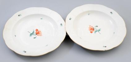 2 db Herendi, Óherendi pipacs mintás porcelán leveses tál. Kézzel festett, jelzett,repedéssel, lepattanással d: 25 cm