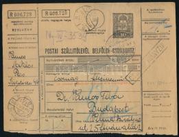 1943 Teljes szállítólevél Pécsről Budapestre 10 db bélyeggel, "CSOMAG HIÁNYZIK" bélyegzéssel