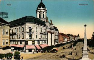 Arad, Andrássy tér, autóbusz, Központi divatáruház, üzletek. Kerpel Izsó kiadása / square, autobus, fashion store, shops