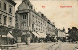 1912 Arad, Központi szálloda, városi vasút, emeletes autóbusz, Bloch üzlete / hotel, urban railway, train, double-decker autobus, shops (fl)