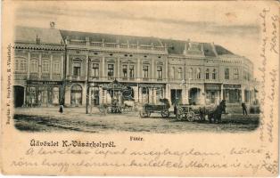 1903 Kézdivásárhely, Targu Secuiesc; Fő tér, Kovács Ferenc gyógyszertára, Wertán, K. Csiszár József, Sera Imre, Zalaváry Béla üzlete, piac. Bogdán F. fényképész / main square, pharmacy, shops, market (EK)