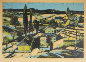 Csavlek András (1942-): Téli völgy. Színes linómetszet, papír, jelzett. 29x41 cm. Üvegezett fakeretben.