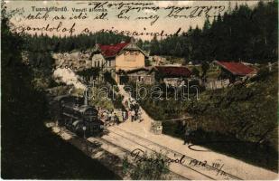 1912 Tusnádfürdő, Baile Tusnad; vasútállomás, gőzmozdony, vonat. Dragomán S. J. kiadása / railway station, locomotive, train (felületi sérülés / surface damage)