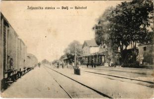 1912 Dálya, Dalja, Dalj (Erdőd, Erdut); Zeljeznicka stanica / vasútállomás, vonat. Jos. Krausz kiadása / Bahnhof / railway station, train (fl)