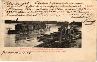 1900 Gombos, Bogojeva; Gőzkomp Gombos és Erdőd között a szabad Dunán, gőzmozdony, vonat. Schön Adolf kiadása / steam ferry with locomotive between Bogojevo and Erdut, train + "ESZÉK - SZEGED 29" vasúti mozgóposta bélyegző (EK)