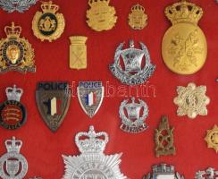 20 ország katonai és rendőri sapkajelvényei összesen 52 db, üvegezett vitrinben 70x40 cm