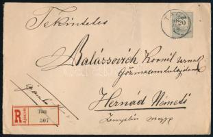 1898 Ajánlott levél Színesszámú 20kr bérmentesítéssel "TÁCZ" (Gudlin 100 p) - "HERNÁD-NÉMETI / ZEMPLÉN VM." az 1881-es 20kr bélyeg levélen nagyon ritka!