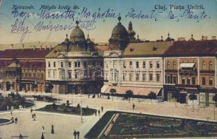 Kolozsvár King Mátyás square with the shop of Jenő Haraszthy, Bank Transylvania and casino