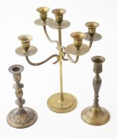 3 darab réz / bronz gyertyatartó, közte ötágú, m: 18-32 cm