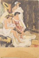 Molnár C. Pál (1894-1981): Hölgyek. Akvarell, karton. Jelzett (M. P. 920). Hátoldala képeslapként po...