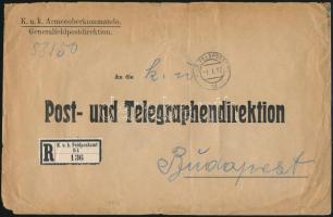 1917 Tábori posta ajánlott levél "K.u.K. FELDPOSTAMT / 51" , "K.u.k. Armeeoberkommando. / Generalfeldpostdirektion." feladóval, K.u.k. Feldpostamt ragjeggyel