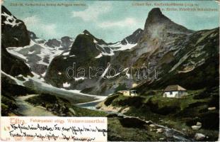 1903 Tátra, Magas-Tátra, Vysoké Tatry; Fehérpataki völgy, Zöld-tó, Karbunkulus-torony és Frigyes menház. Feitzinger Ede 1902/12. 514. Auto-Chrom / Grüner See, Karfunkelturm u. Erzherzog Friedrich Schutzhaus / lake, mountains, tourist rest house (EK)