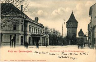 1905 Nagyszeben, Hermannstadt, Sibiu; Stadttheater und alte Befestigungstürme / Városi színház és ré...