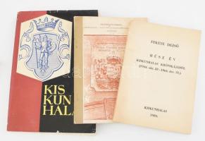 3 db Kiskunhalas helytörténeti könyv: Fekete Dezső: Húsz év Kiskunhalas krónikájából. (1944. okt. 23 - 1964. dec. 31.) Kiskunhalas, 1984, Kiskunhalas Város Tanácsa. Kiadói papírkötés. Megjelent 1000 példányban. + Gacsári Kiss Sándor: Kiskunhalas - Alsóvárosi Római Katolikus Plébánia története. Kiskunhalas, 1991, Római Katolikus Egyházközség. Kiadói tűzött papírkötés, kissé koszos, ázott, foltos borítóval. + Kiskunhalas. Helytörténeti monográfia I. Szerk.: Janó Ákos. Kiskunhalas, 1965, Városi Tanács Végrehajtó Bizottsága. Fekete-fehér képekkel illusztrálva. Kiadói papírkötés, kissé foltos borítóval, kissé sérült, foltos kiadói papír védőborítóban.