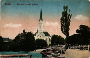 Ruttka, Vrútky; Római katolikus templom a híddal. Vasúti levelezőlapárusítás 26. sz. 1918. / Catholic church, bridge (EM)