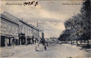 1908 Marosvásárhely, Targu Mures; Széchenyi tér, Székely Dénes cipész üzlete, piac. Révész Béla kiadása / square, shops, market (Rb)