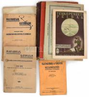 Vegyes katonai könyvtétel, 6 db  Tájékozódás a terepen. Vázlatkészítés. (Futólagos felmérés.) Összeáll.: Szüts Lajos. Bp., 1936., M. Kir. Állami Térképészet. Kiadói papírkötés, kissé foltos, kissé kopott borítóval, a borítón bejegyzésekkel.;  Magyarorsan, katonásan. Segédkönyv a katonai írásmód ("Iránytan") oktatásához. Első rész: "Ismerd meg és használd helyesen anyanyelvedet." Második rész: Katonai írásmód, ügyvétel és szónoklat. Szerk.: Rózsa József. Bp., 1929-1940, Wodianer F. és Fiai - Stádium. Kiadói papírkötés, az 1. részben "Ludovika Akadémia" bélyegzéssel, kopott, foltos borítóval, a 2. rész foltos és könyvtest elvált a borítótól.;  Térképészeti példák a térképolvasáshoz és térképfelhasználáshoz. Bp., 1941, M. Kir. Honvéd Térképészeti Intézet. Kiadói papírkötés, "Ludovika Akadémia" bélyegzéssel.;  Térképvázlatok gyakorló rajzfüzete a M. Kir. Honvédség, Folyamőrség és Vámőrség részére. Összeáll.: Kogutowicz Lajos ny. őrnagy. Bp.,én.,Palladis Rt. Kiadói papírkötés, "Ludovika Akadémia" bélyegzéssel. ;  Irányelvek a tábori tüzérség éles lövésszaki kiképzéséhez. Veszprém, Posa-ny., 16 p. Kiadói papírkötés, aláhúzásokkal, "Ludovika Akadémia" bélyegzéssel. ;  Tereptan, terepábrázolás, térképhasználat, terepfelmérés a M. Kir. Honvéd Hadapródiskolák számára. Szerk.: Vöröss József. Bp., 1943., M. Kir. Honvéd Térképészeti Intézet. Kiadói félvászon-kötés, kopott borítóval, deformált könyvtesttel, sérült gerinccel, "... honvéd hadosztály parancsnokság" bélyegzéssel.  + Közte egy térképpel is: cca 1930-1940 Gyöngyös és környéke, 1:75.000, Bp., M. Kir. Állami Térképészet, "Ludovika Akadémia" bélyegzéssel, hajtott, bejegyzésekkel, 39x51 cm