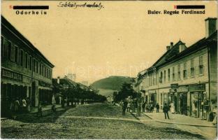 1940 Székelyudvarhely, Odorheiu Secuiesc; Bulev. Regele Ferdinand / Kossuth utca, Bogdán és fia üzlete, fodrász. Erdélyi Simon kiadása 1755. (W. L. ?) / street, shops, hairdresser + "M. KIR. POSTA 377."