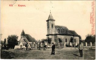 1907 Kiskapus, Kis-Kapus, Kleinkopisch, Copsa Mica; evangélikus és római katolikus templom. Guggenberger Frigyes kiadása / Lutheran and Roman Catholic churches