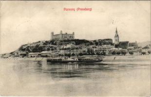 1908 Pozsony, Pressburg, Bratislava; Duna, vár, gőzhajó. Bediene dich allein / Danube, castle, steamship (fl)