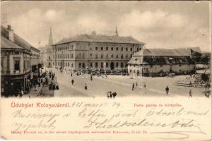 1901 Kolozsvár, Cluj; Postapalota és környéke, üzletek. Dunky Fivérek cs. és kir. udvari fényképészek műterméből / post office, shops (kis szakadás / small tear)