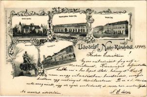 1899 (Vorläufer) Nagykároly, Carei; Károlyi kastély, Központi szálloda, Kalafoni ház, Vetzák ház, Kölcsey szobor, Városház tér, üzletek. Hermann Seibt kiadása, Huszty Zoltán fényképész felvétele / castle, hotel, palace, shops, monument, square. Art Nouveau, floral (Rb)