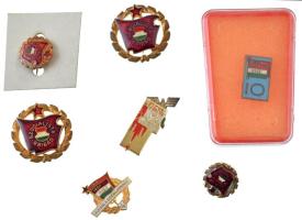 Vegyes 8db-os vegyes szocialista jelvény, kitüntetés tétel, közte "KISZ 10" műgyantás fém jelvény tokban T:XF