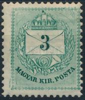 1881 3kr, a jobb felső háromszögnél függőleges kettős hullámos vonal. Használatlanul rendkívül ritka!!!