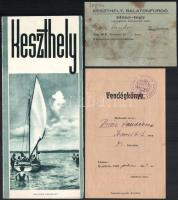 cca 1930-1940 Keszthely, fekete-fehér képekkel illusztrált idegenforgalmi prospektus + 1940 Keszthely, Üdülőhelyi Bizottság vendégkönyve + 1942 Keszthely, Balatonfürdő idényjegy, foltos