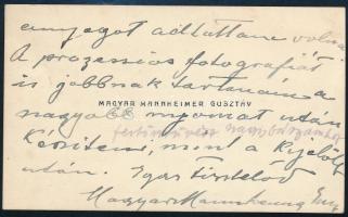 cca 1925 Magyar-Mannheimer Gusztáv (1859-1937) festőművész névjegykártyáján saját kézzel írt és aláí...