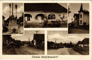 Bánffyhunyad, Huedin; Országzászló, Ravasz László szülőháza, posta, Király utca / Hungarian flag, post office, street (EK)